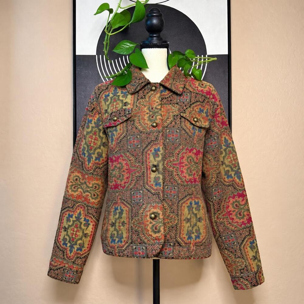 Vintage 90s Y2K Tapestry Paisley Jacket Brass Buttons Boho